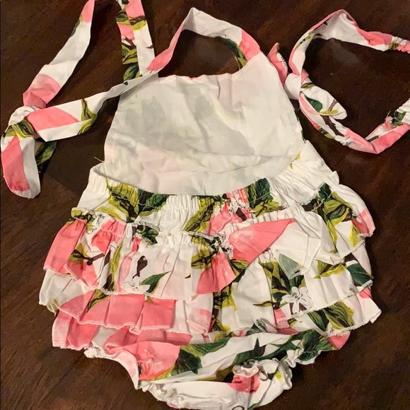 Pink/white lemon ruffle romper w headband - Picture 2 of 2